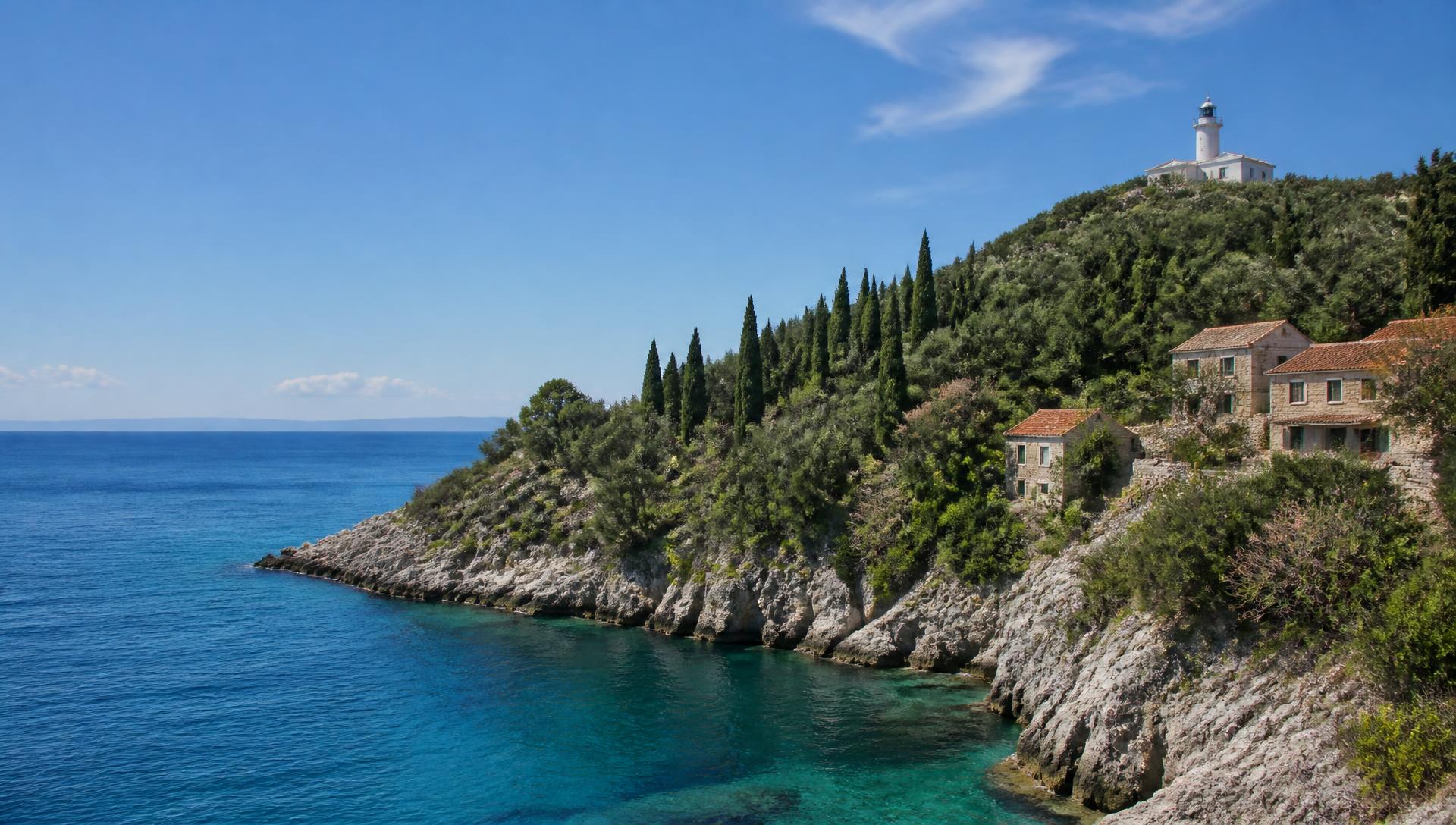 Green hills, cypress trees, rocky coastline and a lighthouse on the Ionian island of Erikoussa
